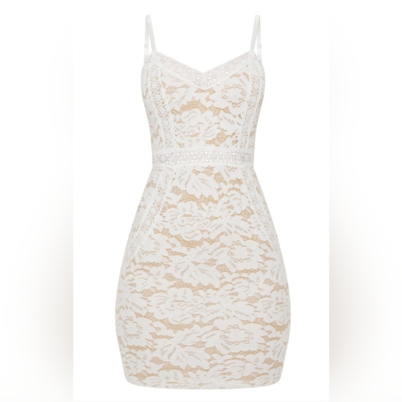 Pretty Little Thing Size 2 Lace Bodycon Mini Dress White and Beige Tank Floral - Picture 1 of 7